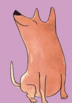 Na fuksjowym tle, rysunek brązowego uśmiechniętego psa.