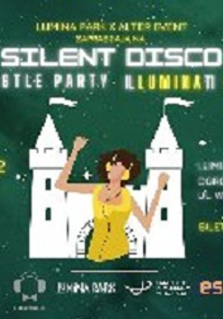 Obrazek przedstawia zarys tańczącej kobiety w słuchawkach na tle zamku