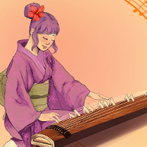 Narysowana japonka w różowym kimonie przepasanym zielonym pasem i różowych włosach z czerwonym kwiatem gra na tradycyjnym japońskim instrumencie. Otoczona jest pomarańczowymi nutami.