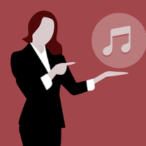 Na wiśniowym tle postać kobiety bez twarzy wskazująca w prawo na nutkę.