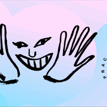 Na różowo-niebieskim tle rysunek postaci, która odkrywa swoją twarz zza dłoni.