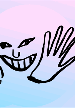 Na różowo-niebieskim tle rysunek postaci, która odkrywa swoją twarz zza dłoni.