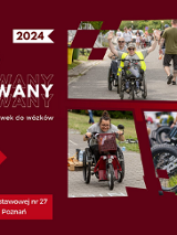 Plakat, zdjęcia osób na wózkach inwalidzkich, napisy informujące o wydarzeniu.