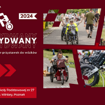Plakat, zdjęcia osób na wózkach inwalidzkich, napisy informujące o wydarzeniu.