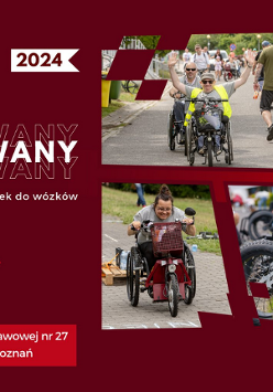 Plakat, zdjęcia osób na wózkach inwalidzkich, napisy informujące o wydarzeniu.