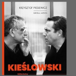Okładka książki "Kieślowski. Od Bez końca do końca" Mikołaja Jazdona. Dwie zwrócone do siebie twarze Krzysztofa Kieślowskiego z lewej i Krzysztofa Piesiewicza z prawej. Okładka czarno-biała. Duży pomarańczowy napis "Kieślowski".