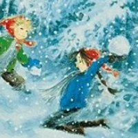 Okładka książki dla dzieci. Psra dzieci bawi się w padającym śniegu.