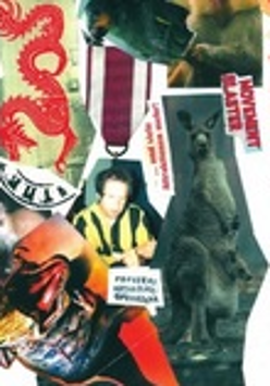 Okładka książki - wypełnia ją różnokolorowy kolaż zdjęć, m.in.: mężczyzny w koszuli w żółto-czarne paski, zwierząt (kangurzycy, papugi, kotka), rysunek chińskiego smoka. Wokół, na białym tle, napisane czerwoną czcionką nazwisko autora i tytuł książki.