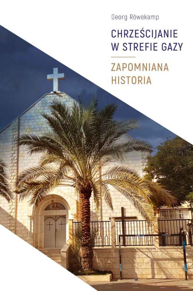 Okładka książki ze zdjęciem kościoła i palm.