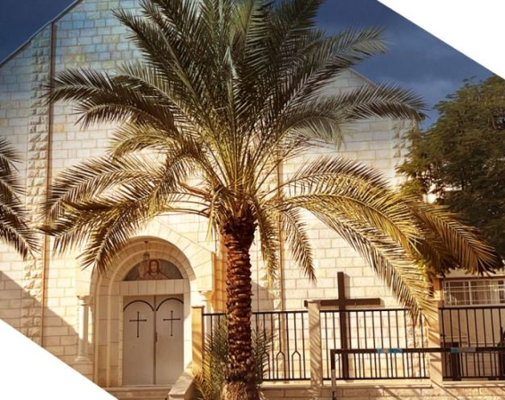 Okładka książki ze zdjęciem kościoła i palm.