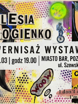 Kolorowy plakat w stylu pop-art zapraszający na wernisaż wystawy Olesi Gogienko. Wydarzenie odbędzie się 27 marca o godz. 19:00 w Miasto Bar w Poznaniu (ul. Szewska 20). Grafika przedstawia komiksowe wizerunki kobiet, astronautę na monocyklu oraz napisy w chmurkach.