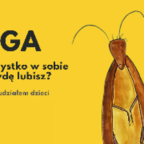 Plakat, na zółtym tle rysunek robaka, obok napisy informujące o wydarzeniu.