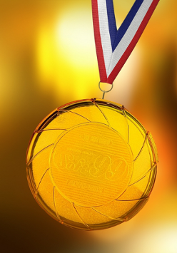 Zdjęcie, na złotym tle złoty medal.