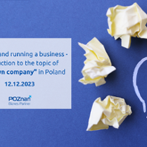 Grafika promocyjna bezpłatnego szkolenia pod tytułem "Opening and running a business - introduction to the topic of "your own company" in Poland.", szkolenie odbędzie w dniach 12 grudnia 2023 r. na platformie Zoom. Szkolenie prowadzone będzie w j. angielskim