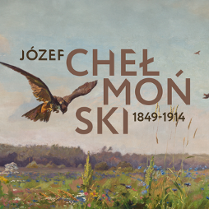 Obraz Józefa Chełmońskiego, a na nim napis Józef Chełmoński 1849-1914. Na obrazie łąka z kwiatami a nad nią drapieżny ptak.