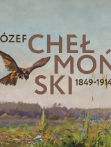 Obraz Józefa Chełmońskiego, a na nim napis Józef Chełmoński 1849-1914. Na obrazie łąka z kwiatami a nad nią drapieżny ptak.