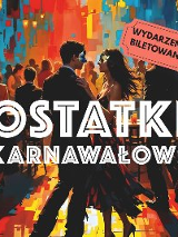 Plakat, który promuje imprezę Ostatki Karnawałowe, zdjęcie parkietu, na którym tańczą liczne pary, pośrodku napis Ostatki karnawałowe, wydarzenie biletowane.