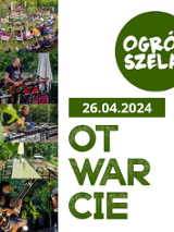 Plakat o otwarciu Ogrodu Szeląg w Poznaniu. Po lewej mozaika zdjęć z wydarzeń w Ogrodzie Szeląg. Po prawej napis: Ogród Szeląg. 26.04.2024 Otwarcie."