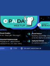 Ciemnogranatowa grafika promująca wydarzenie "PAIDA MEETUP". Zawiera opis prelekcji oraz dane o miejscu, czasie i lokalizacji. Informacje zostały zawarte na stronie.