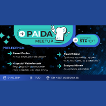 Ciemnogranatowa grafika promująca wydarzenie "PAIDA MEETUP". Zawiera opis prelekcji oraz dane o miejscu, czasie i lokalizacji. Informacje zostały zawarte na stronie.