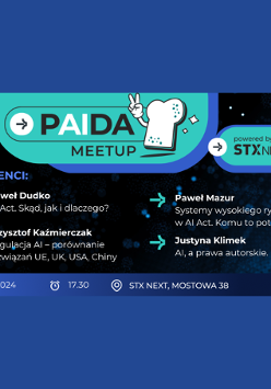 Ciemnogranatowa grafika promująca wydarzenie "PAIDA MEETUP". Zawiera opis prelekcji oraz dane o miejscu, czasie i lokalizacji. Informacje zostały zawarte na stronie.