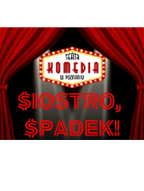 Grafika z tytułem spektaklu na środku, nad tytułem logo Teatru Komedia. Po bokach ciemno czerwone kurtyny teatralne.