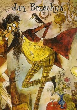 Rysunek bajkowej postaci Pana Kleksa, w jego gabinecie wypełnionym różnymi sprzętami.