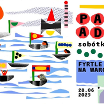 Rysunek łodzi poruszających się po rzece, obok informacje o paradzie sobótkowej.