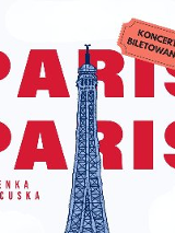 Czerwony napis "Paris Paris" na białym tle. Przez środek przechodzi fragment wieży Eiffla.