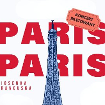 Czerwony napis "Paris Paris" na białym tle. Przez środek przechodzi fragment wieży Eiffla.