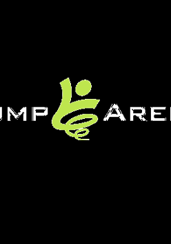 Biały napis jump arena na czarnym tle, po środku zielone logo firmy.