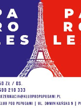 Plakat reklamujący "Paroles, paroles" - wieczór polsko-francuski, w centralnej części grafika wieży Eiffla, tło podzielone na kolorystykę flagi francuskiej: niebieski, czerwony i biały.