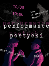 Bardzo ciemny plakat, z którego wyłaniają się dwie postacie, odbijający się napis Performance poetycki.