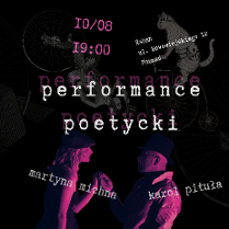 Bardzo ciemny plakat, z którego wyłaniają się dwie postacie, odbijający się napis Performance poetycki.