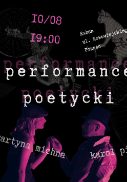 Bardzo ciemny plakat, z którego wyłaniają się dwie postacie, odbijający się napis Performance poetycki.