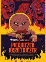 Plakat filmu o tytule pierniczek okrutniczek, na którym złowieszczo uśmiechający się, antropomorficzny piernik wyciera nóż swoją dłonią, na tle płomieni i przerażonych twarzy.
