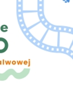 Plakat, który reklamuje Pieskie kino na Malwowej. Przez środek plakatu ciągnie się taśma filmowa, obok której namalowano ślady psich łapek. Z boku napisy pieskie Kino na Malwowej.