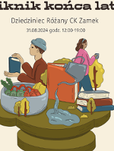Rysunek, dwie osoby stoją obok stołu, na którym leżą ksiązki, miska z pokrojonymi warzywami, konewka, z której kapie woda.
