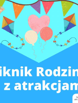 Obrazek przedstawia bawiace się dzieci. Jest to plakat reklamujący rodzinny piknik z atrakcjami na Sołaczu.