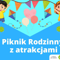 Obrazek przedstawia bawiace się dzieci. Jest to plakat reklamujący rodzinny piknik z atrakcjami na Sołaczu.