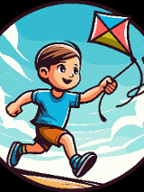 Grafika chłopca biegnącego z latawcem w ręce.