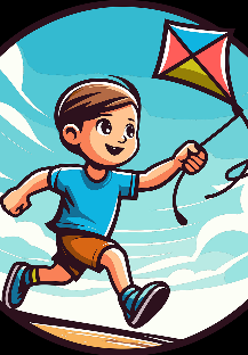 Grafika chłopca biegnącego z latawcem w ręce.