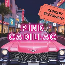 Na pierwszym planie różowy cadillac i duży biało-różowy napis "Pink Cadillac". W tle widać ulicę i budynki z oświetlonymi witrynami sklepowymi oraz palmy na chodniku.