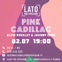 Na różowym tle napis Pink Cadillac, na białych literach, różowe kropki, pozostałe informacje o wydarzeniu napisane białymi literami.