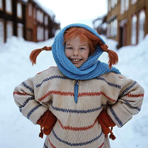 Dziewczynka w rudych warkoczykach z niebieksim szalikiem. Za nią ulica pełna śniegu.