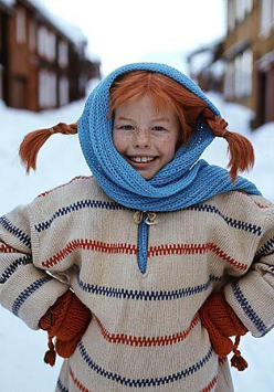 Dziewczynka w rudych warkoczykach z niebieksim szalikiem. Za nią ulica pełna śniegu.