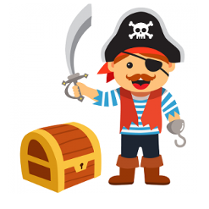 Piart z hakiem w ręce, a w drugiej z szabelką. Na głowie ma czapkę, a na jednym oku przepaskę. Obok niego stoi skrzynia skarbów.