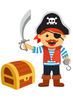 Piart z hakiem w ręce, a w drugiej z szabelką. Na głowie ma czapkę, a na jednym oku przepaskę. Obok niego stoi skrzynia skarbów.