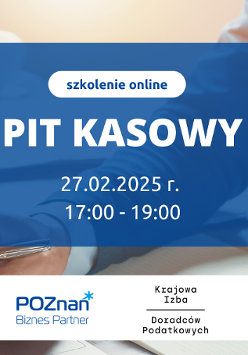 Grafika Promocyjna informująca o szkoleniu pt. PIT kasowy. Na obrazku w tle widać mężczyznę który pracuje przy biurku coś pisze
