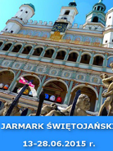 plakat - udekorowany ratusz na niebieskim tle